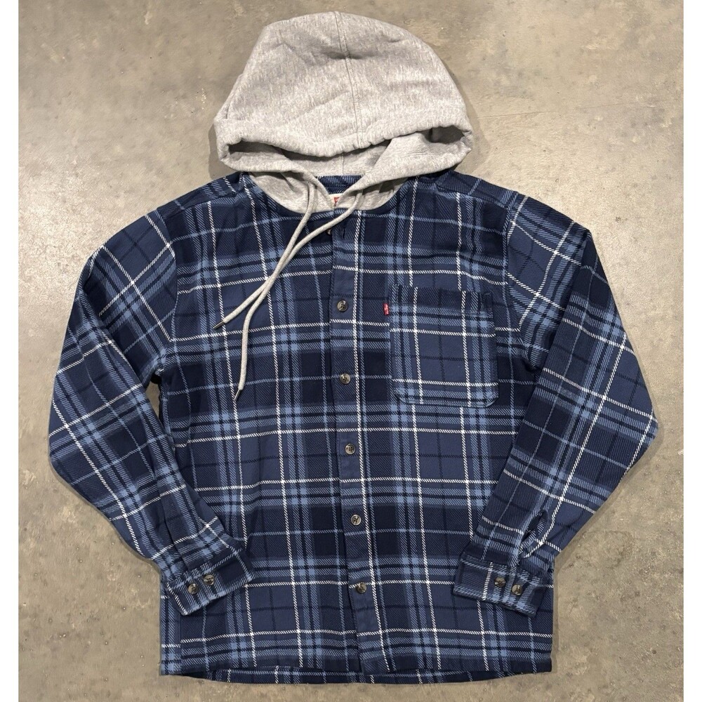Levi's Mens M Medium Heavyweight Hooded Flannel Shirt Blue Plaid Button Shacket